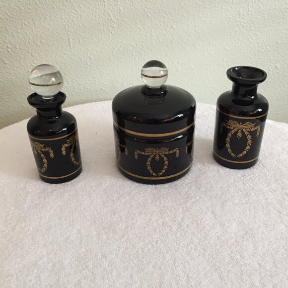 PV France Portieux Vallerysthal French Black Glass Vanity Set 2 Perfume Bottles - Picture 1 of 16